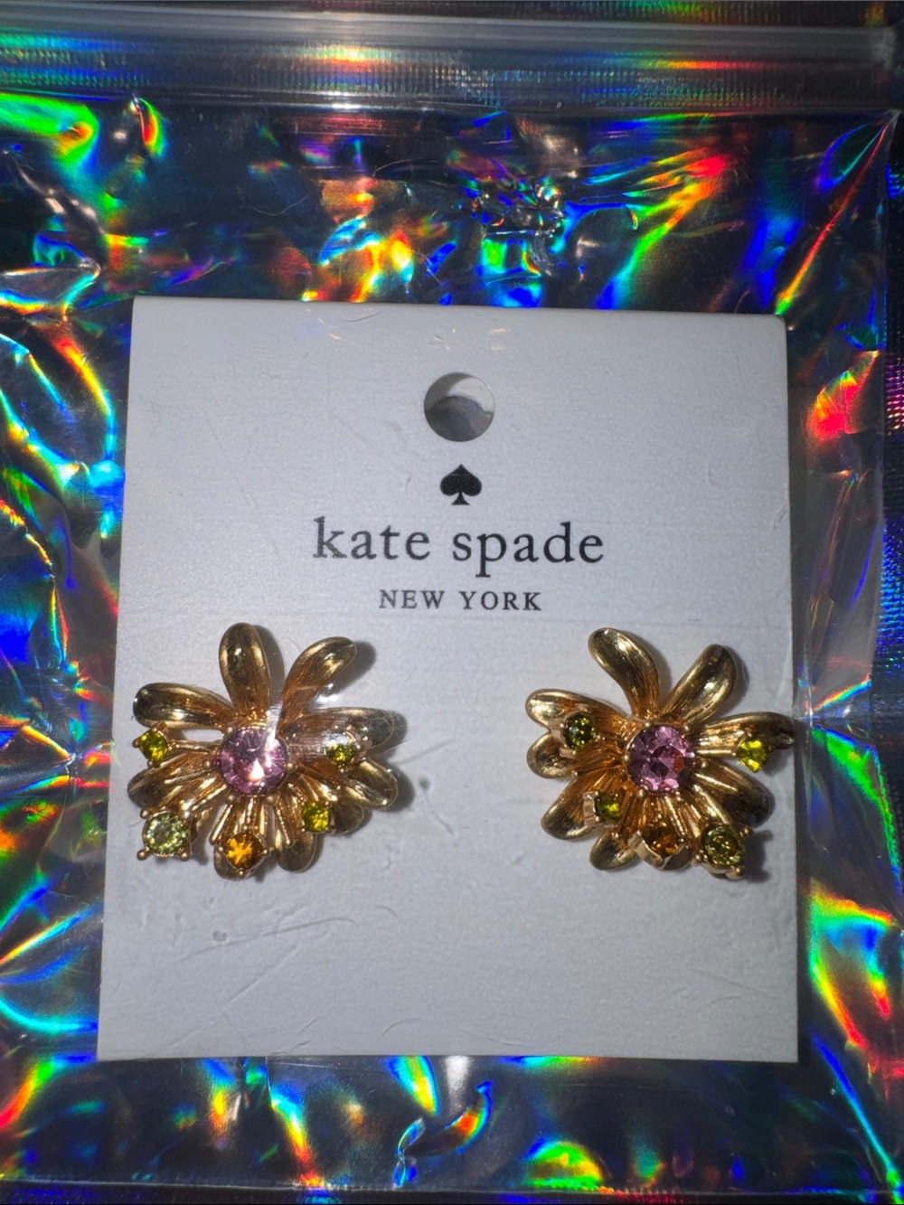 kate spade Gold Flower Crystal Stud Earrings with Pink and Green Accents